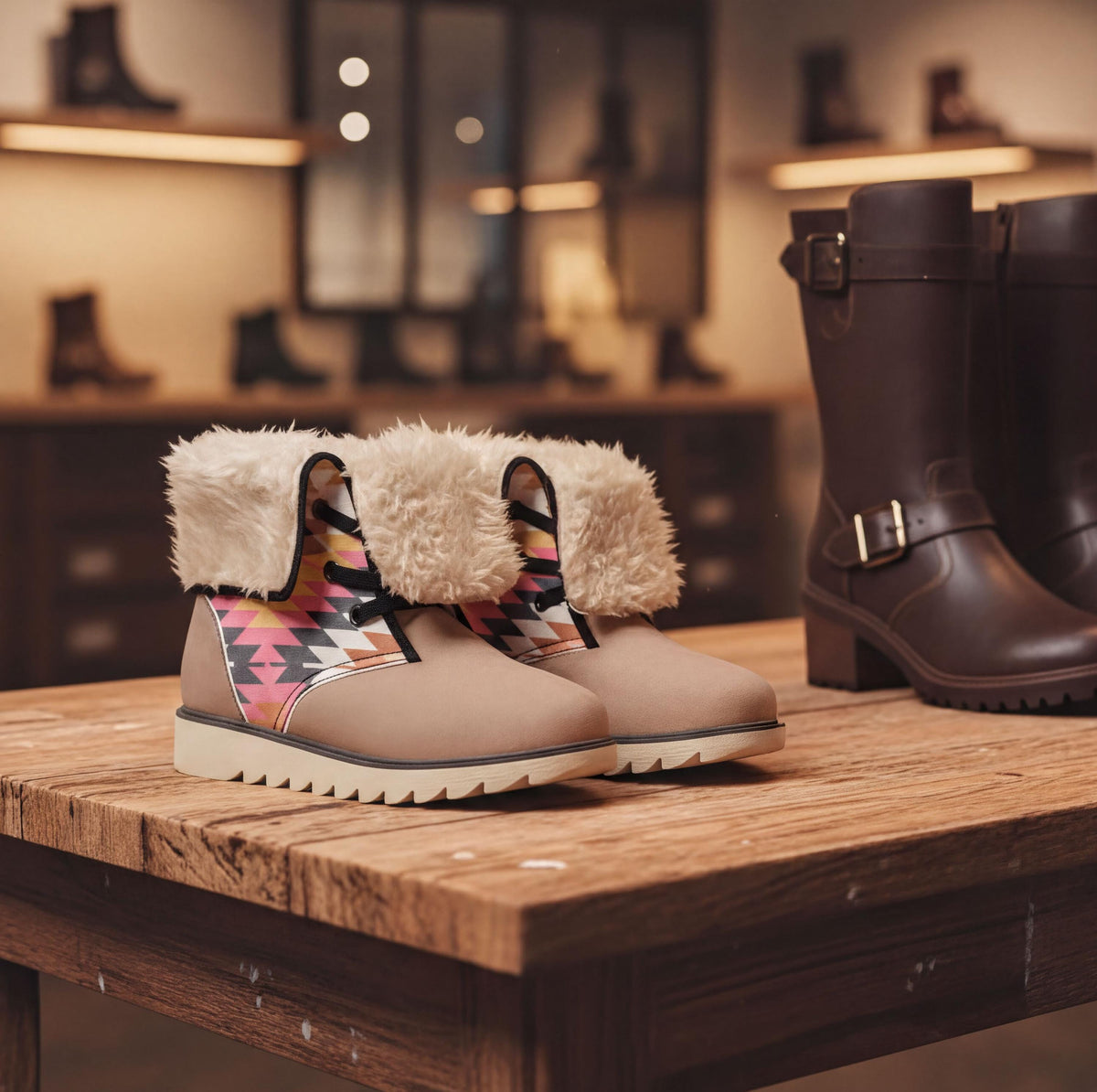 A pair of beige boots with fur trim and colorful geometric patterns, displayed on a wooden table in a store setting.