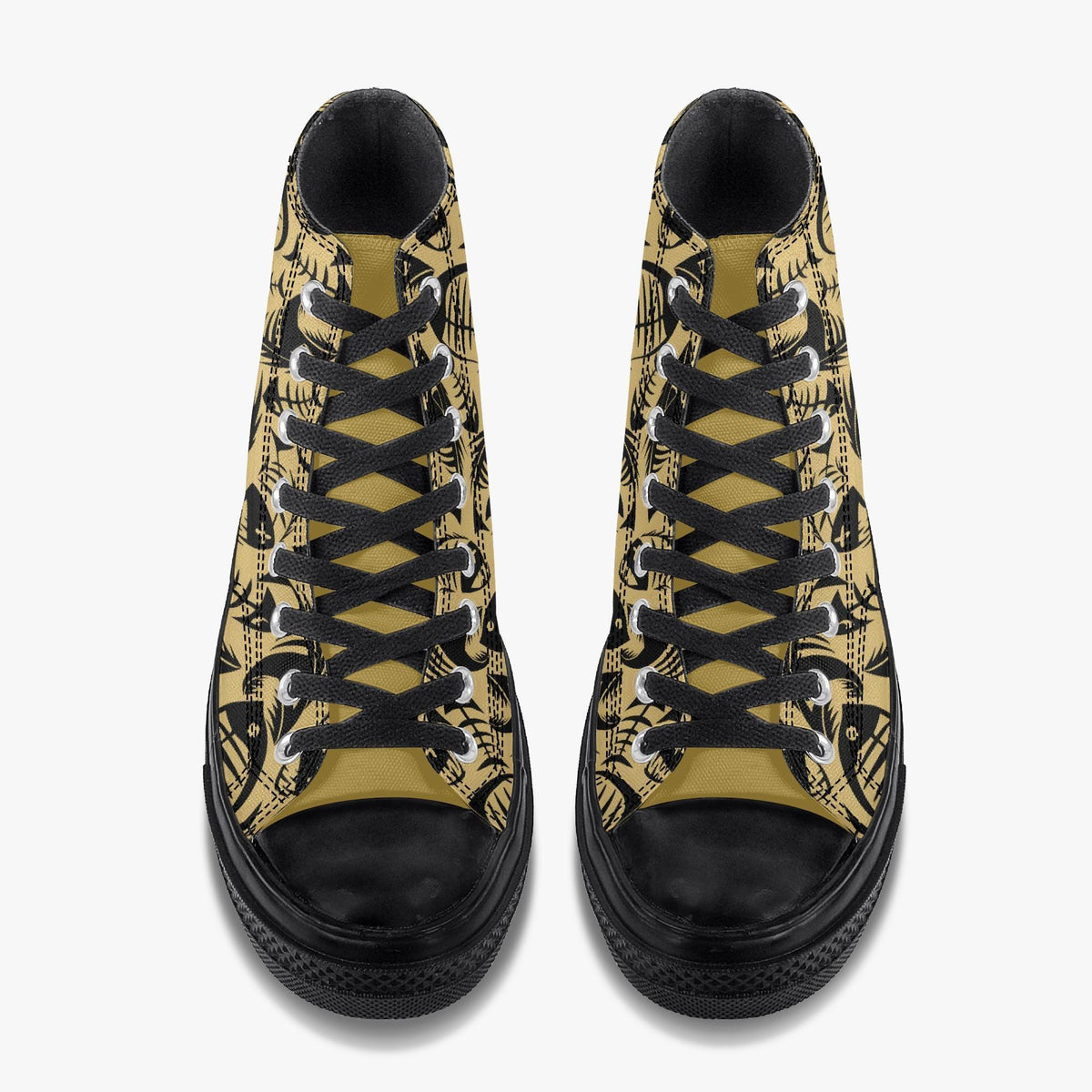 A pair of black and gold high-top sneakers with a patterned design.