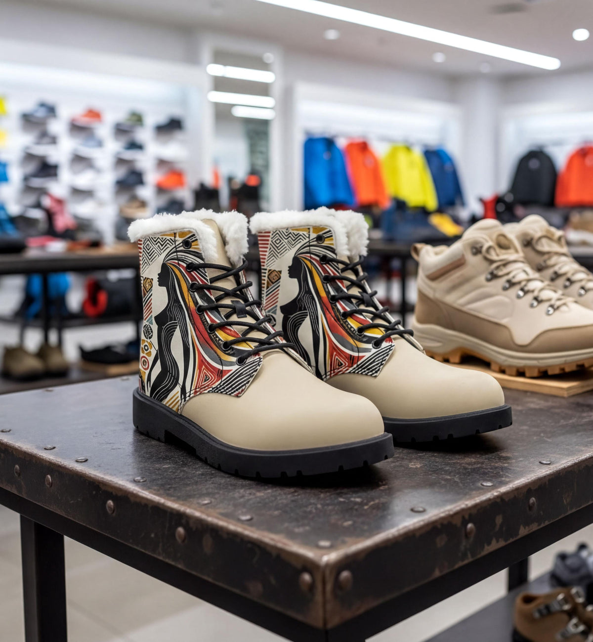 A pair of beige boots with a colorful, abstract design on the side, displayed on a table in a retail setting.