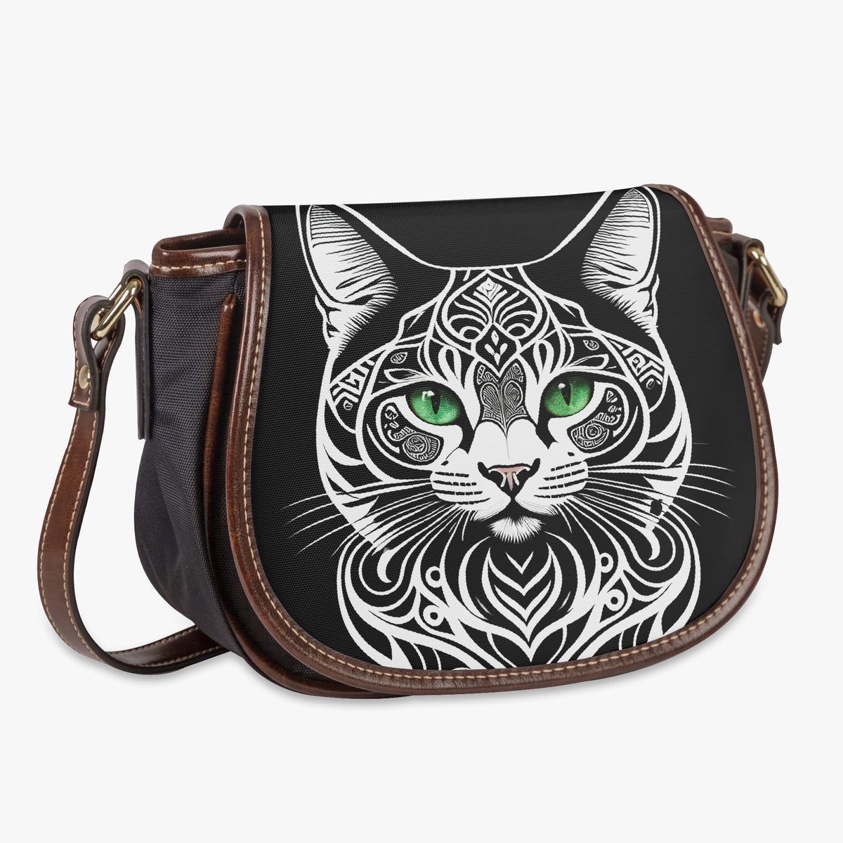 Side angle view of cat saddle bag on white background