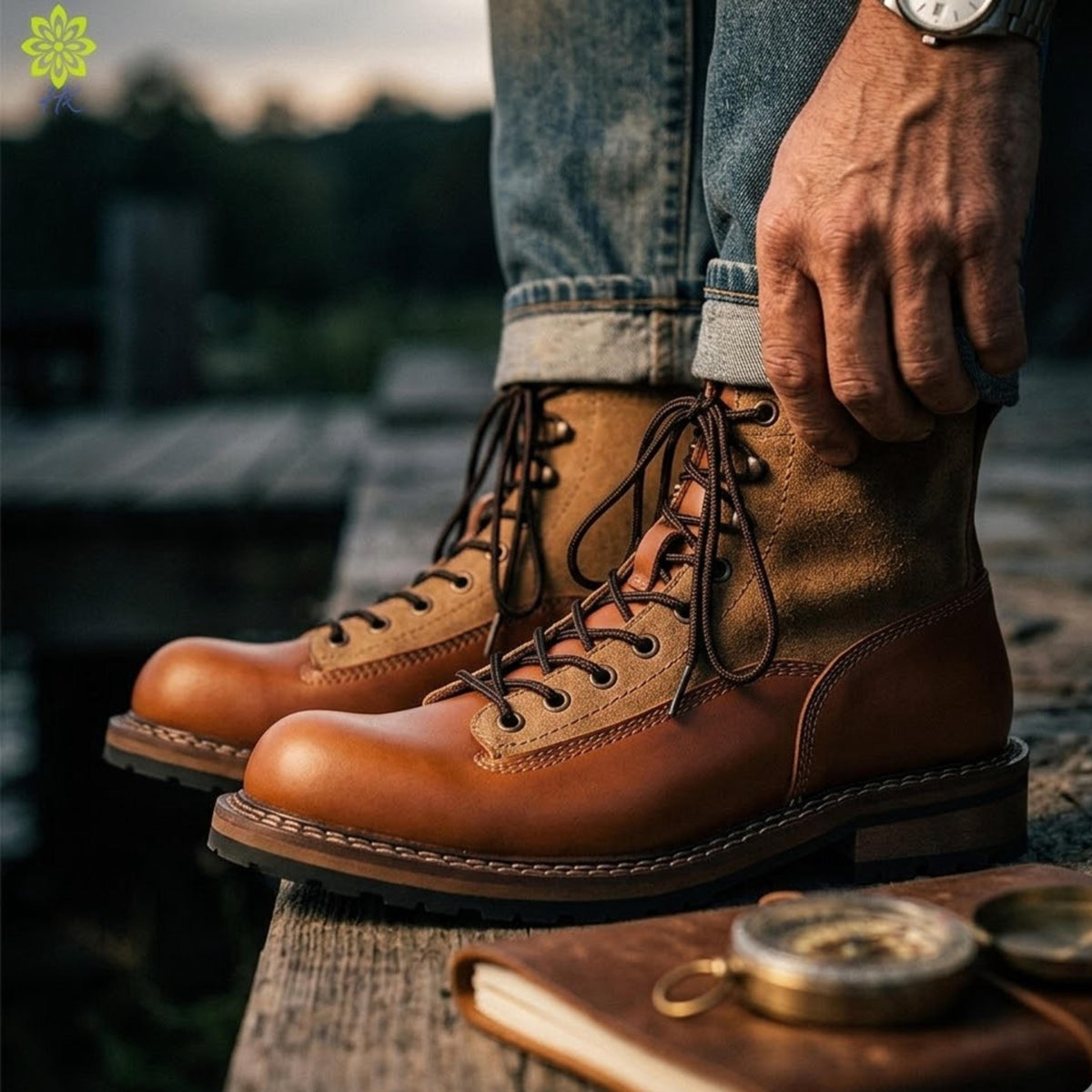 A pair of brown leather boots with laces and a rugged sole, worn by a person standing on a wooden dock or platform.