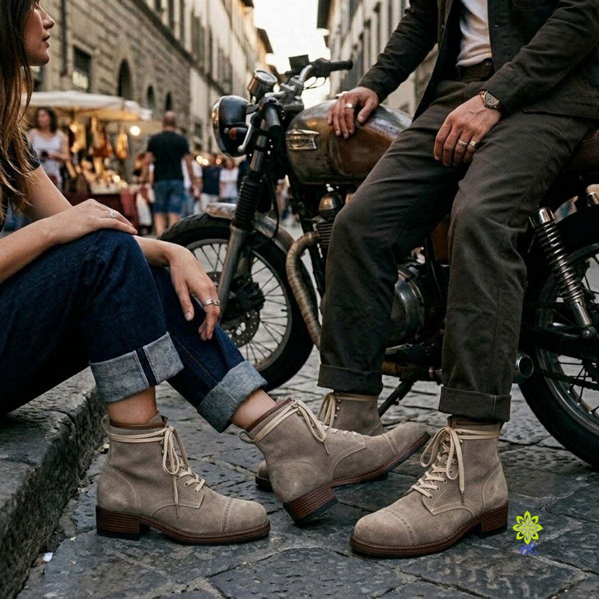A man and a woman sitting on a vintage motorcycle on a cobblestone street, wearing matching beige suede lace-up ankle boots. The background shows a blurred European city street scene.