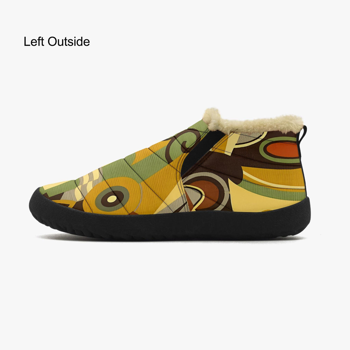 A colorful, patterned shoe with a fur lining, featuring a vibrant design of circles, lines, and other abstract shapes.