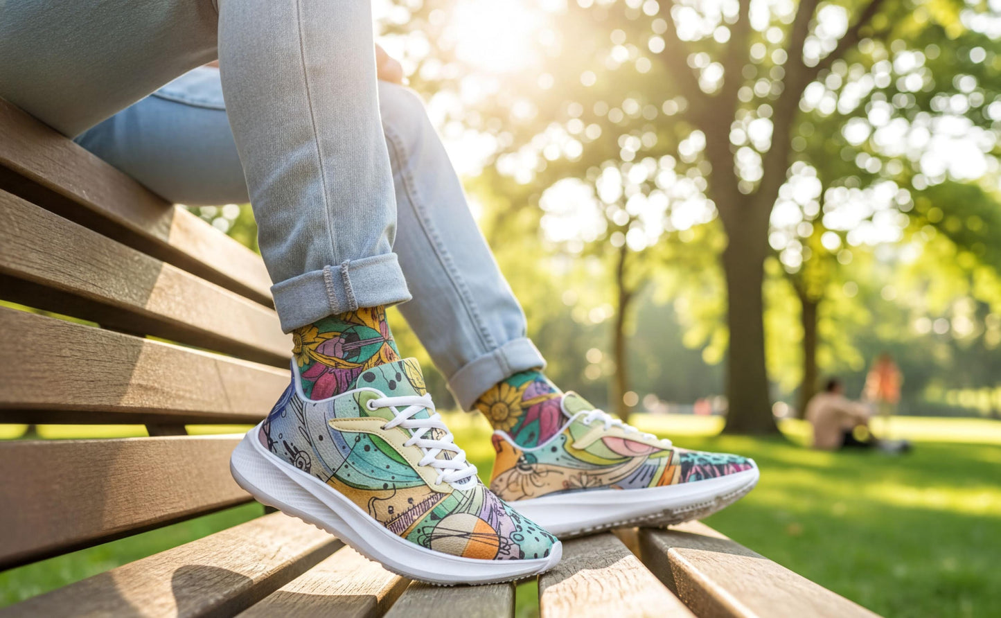 A person's feet wearing colorful sneakers are sitting on a wooden bench in a park, with trees and sunlight in the background.