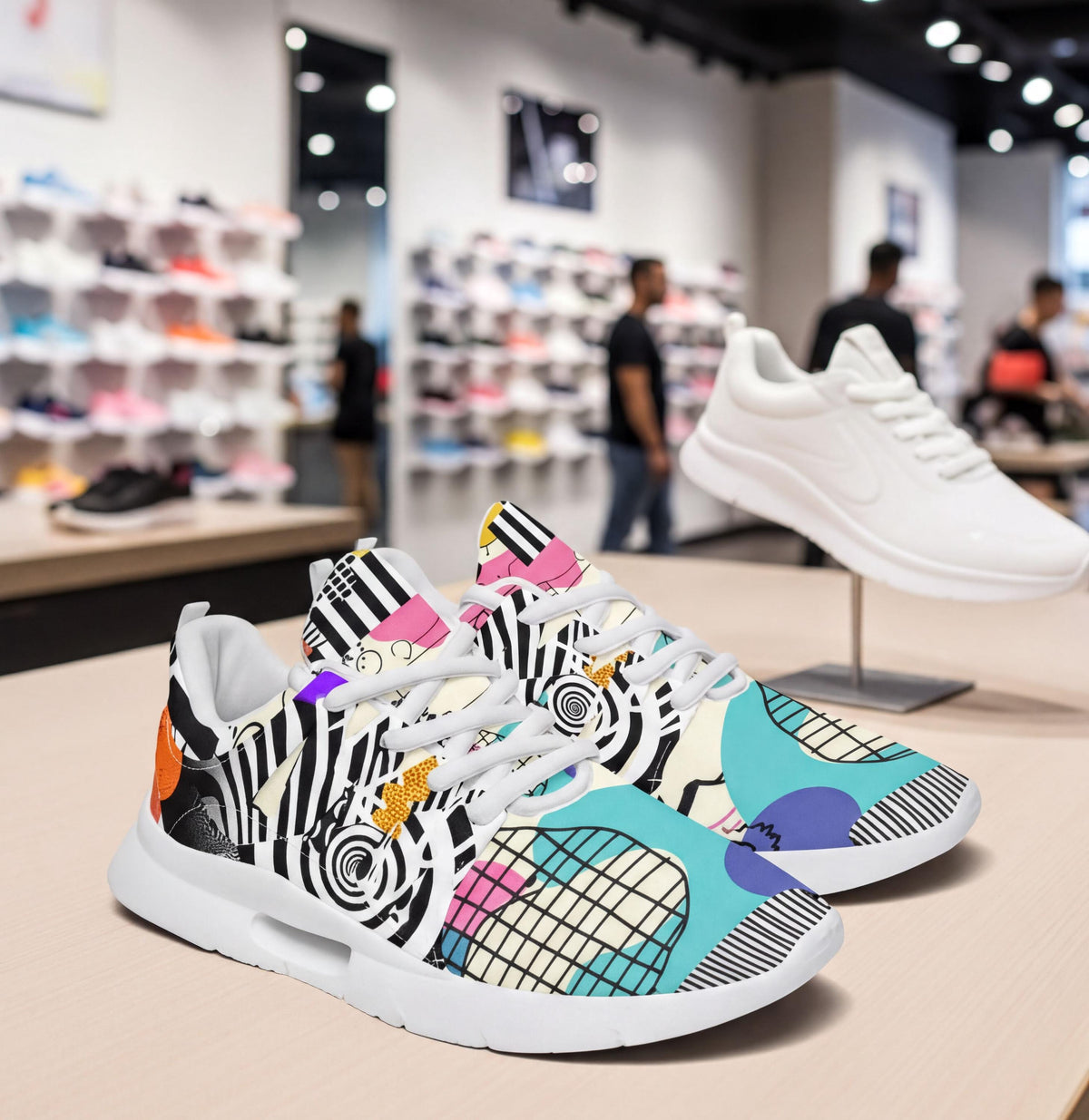 A pair of low-top sneakers displayed on a table inside a shoe store. The sneakers feature a white base with a bold, colorful abstract graphic print in black, turquoise, pink, yellow, and purple.