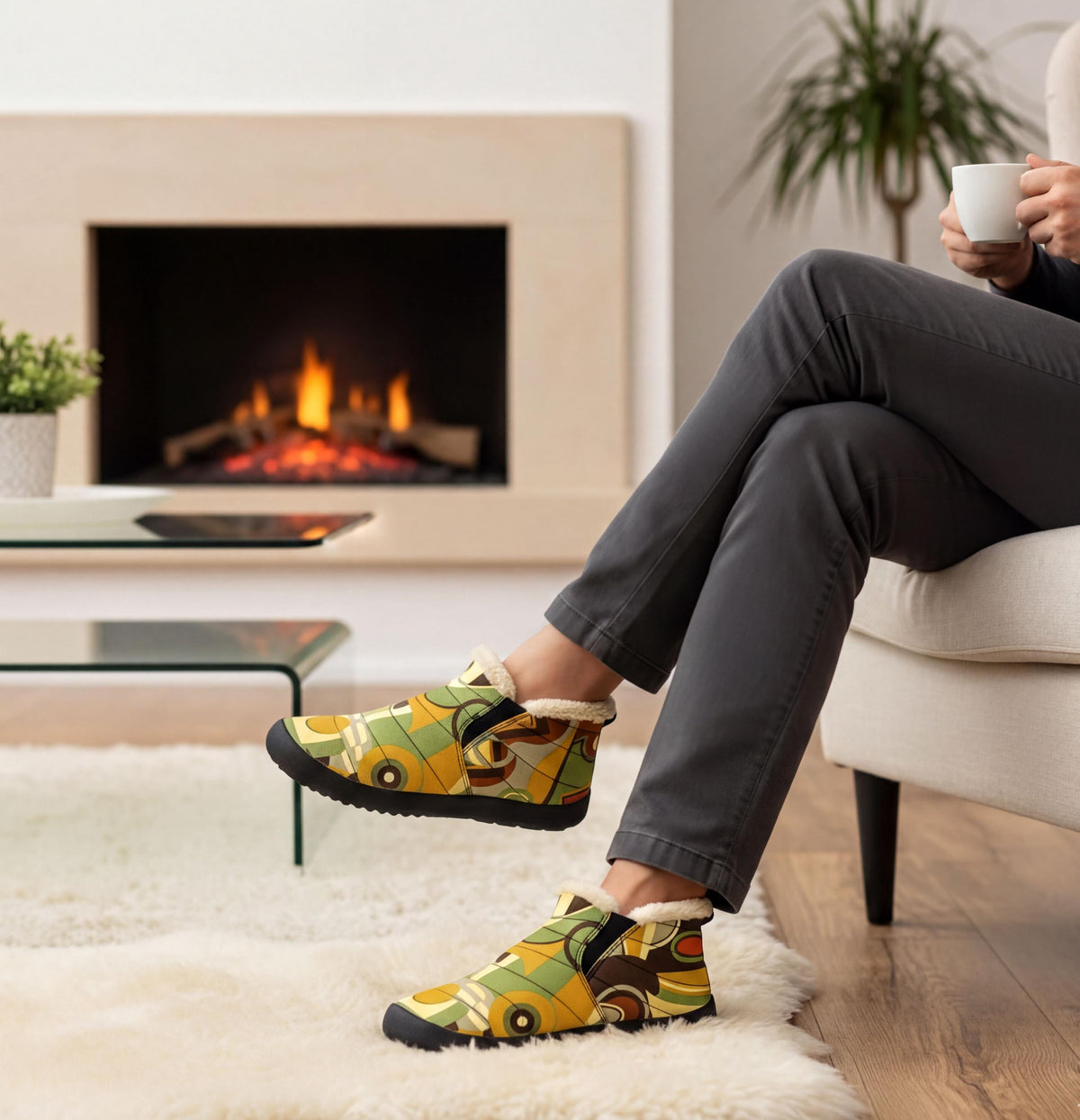 A person sitting on a couch in a cozy living room, wearing colorful patterned shoes and holding a cup of coffee.