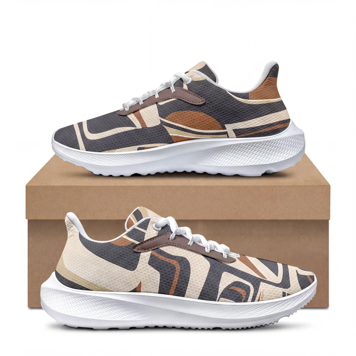 A pair of colorful sneakers with a patterned design, placed on top of a cardboard box.