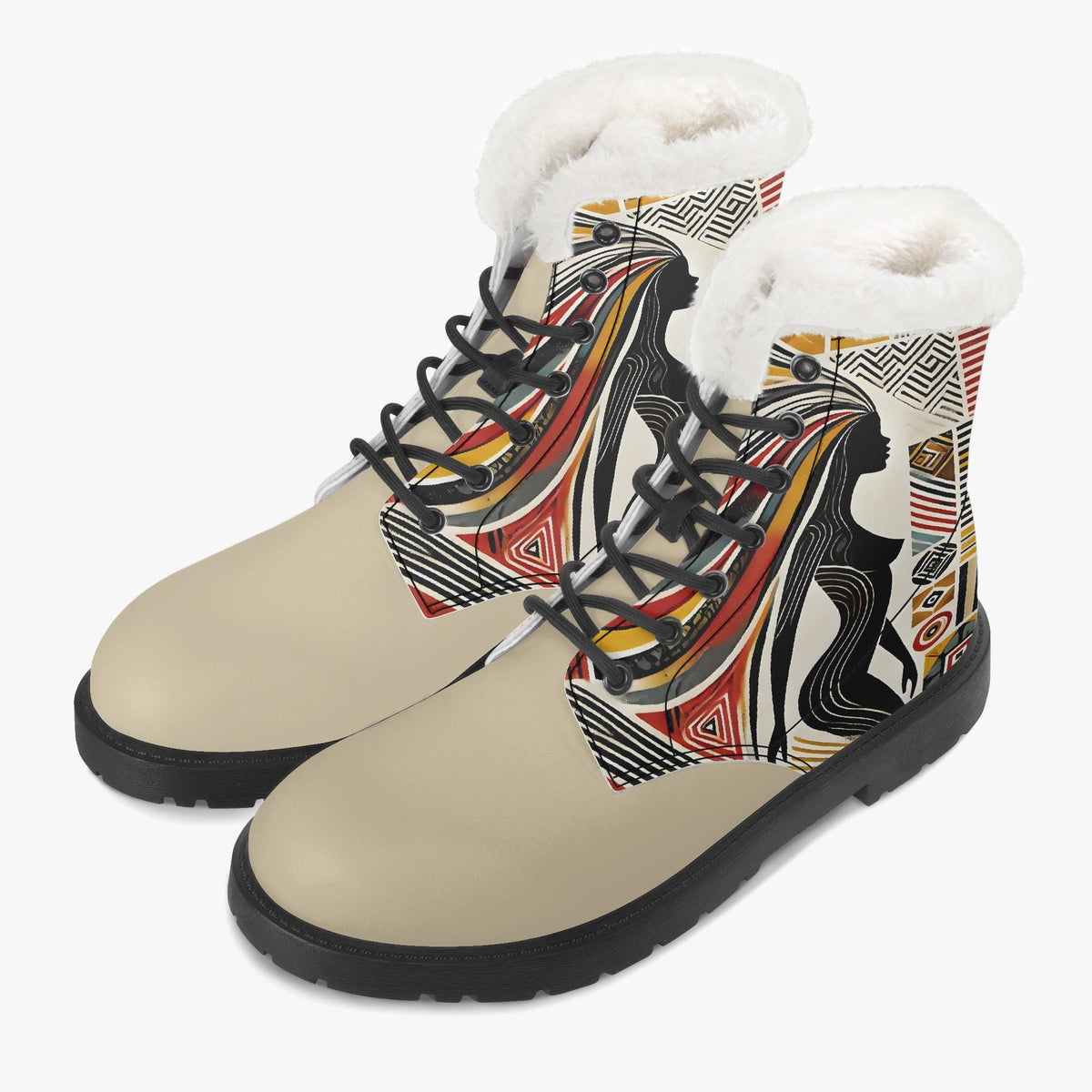A pair of beige boots with a colorful, abstract pattern on the side.