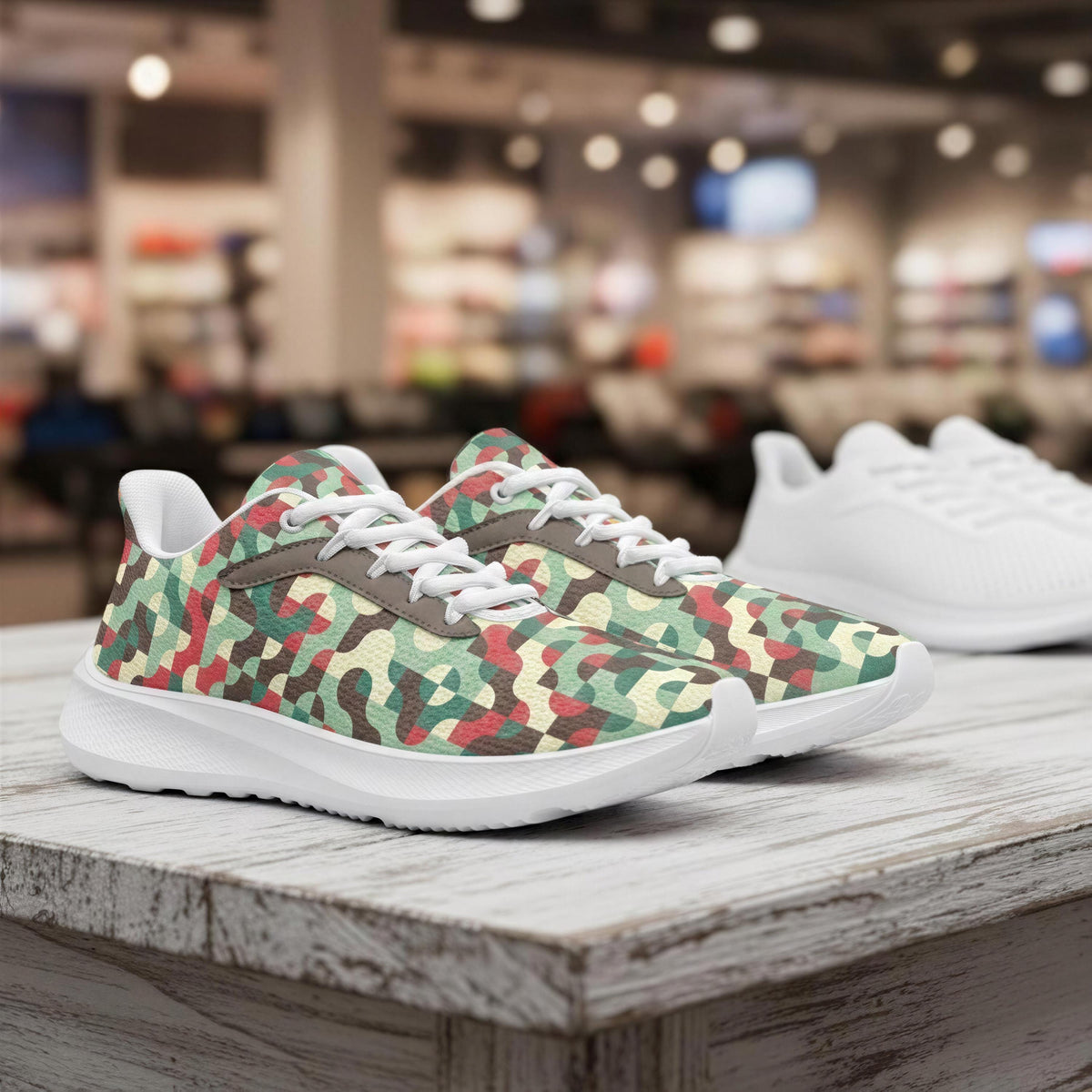 A pair of camouflage-patterned sneakers is displayed on a wooden surface, with a blurred background suggesting an indoor setting.