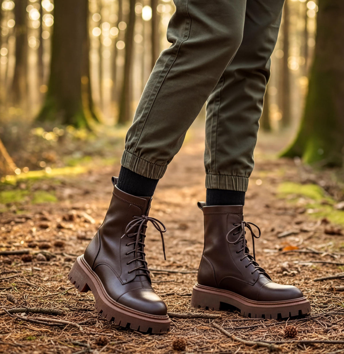 A person wearing brown boots and cargo pants is walking on a dirt path through a forest.