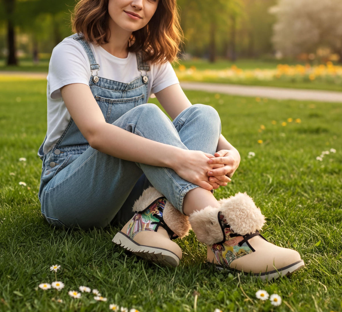 A young woman sits on the grass in a park, wearing denim overalls, jeans, and white boots with fur trim.