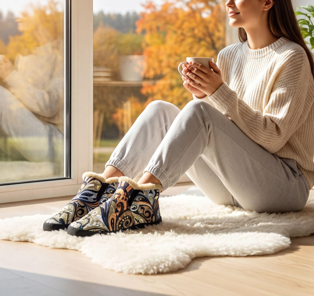 A woman sits on a white rug, wearing patterned boots, and holding a cup of coffee, with a view of autumn trees through a window behind her.
