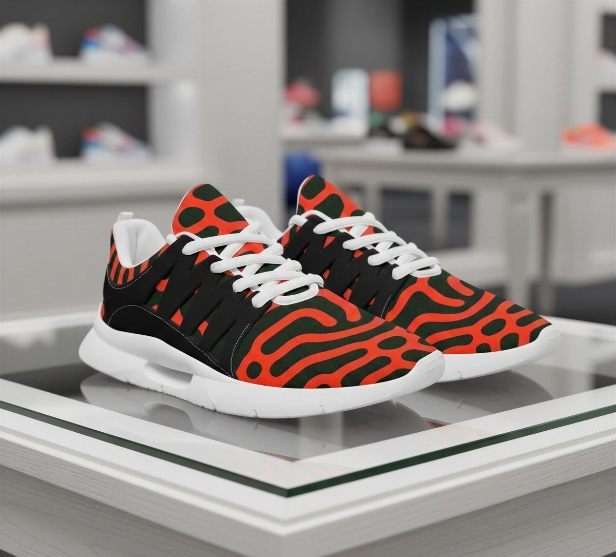 A pair of colorful sneakers with a bold, animal print pattern in red, black, and orange.