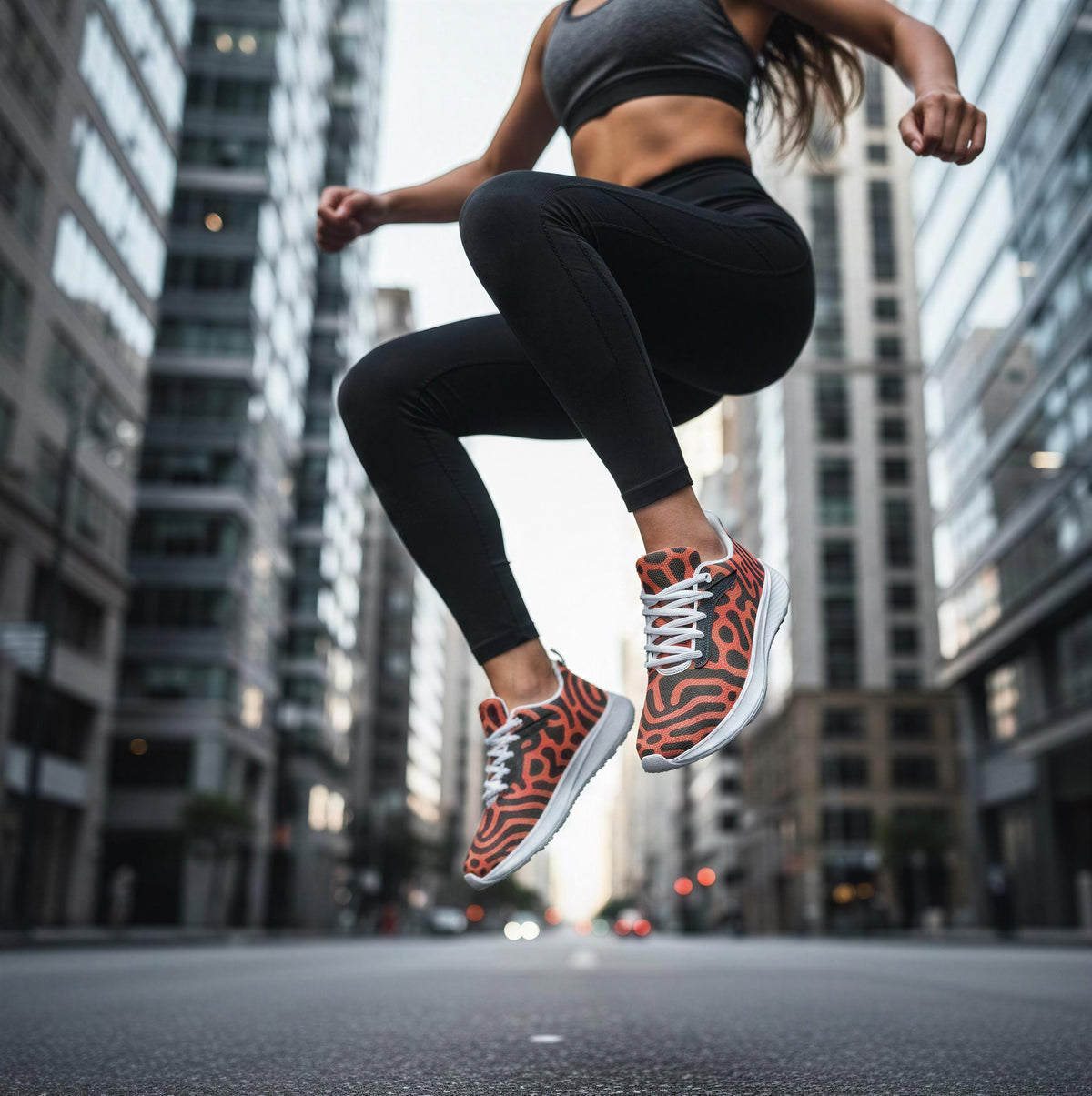 A woman in athletic clothing is captured mid-jump, with her feet in the air, against the backdrop of a city street.