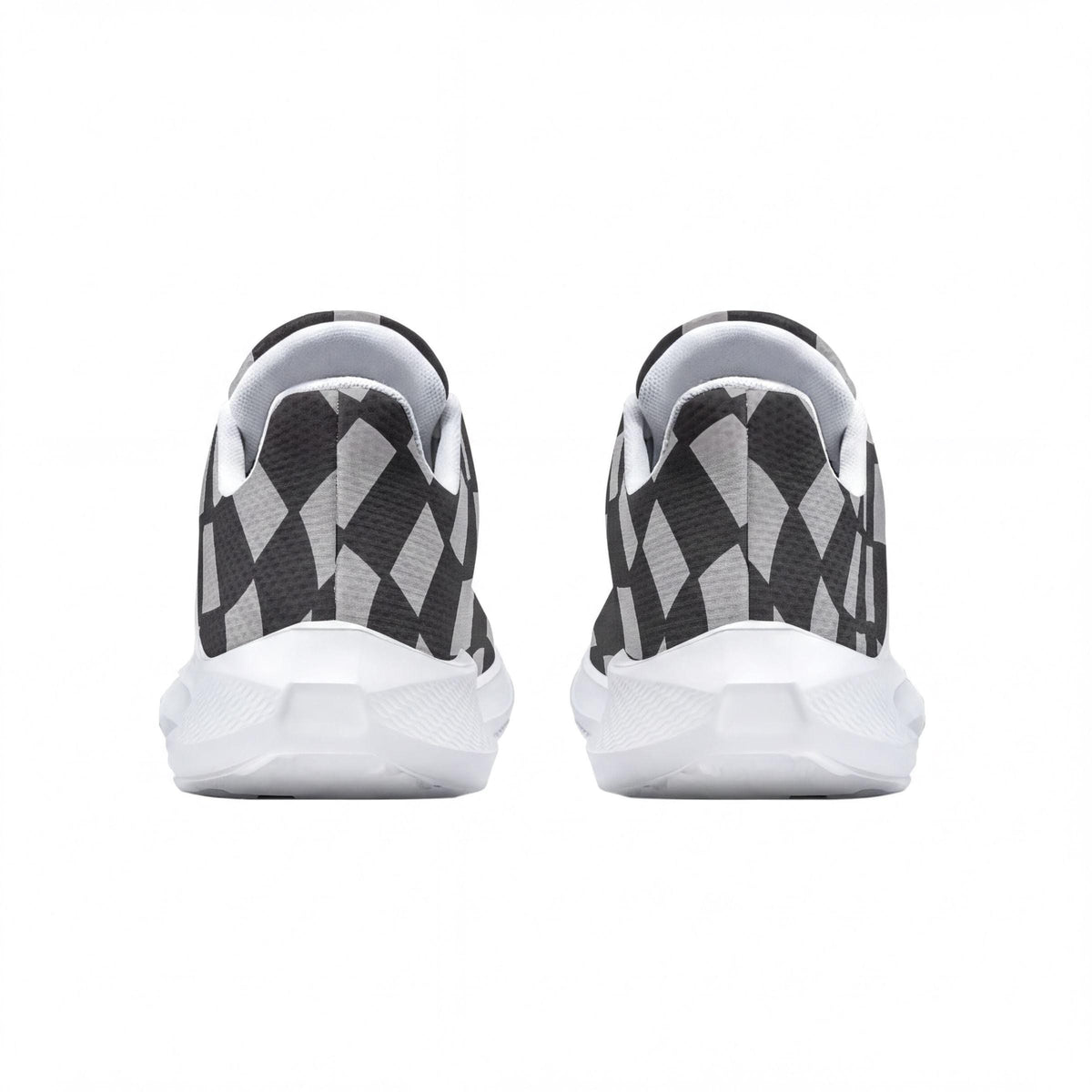 the back view of a pair of black and white checkered sneakers.