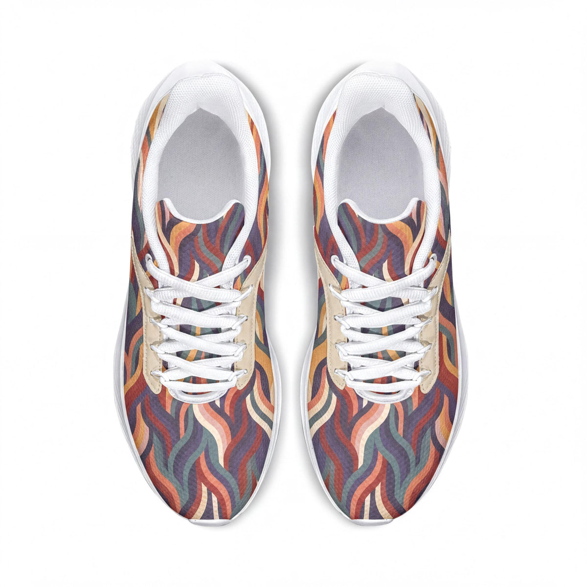 A pair of colorful, patterned sneakers with white laces and soles.