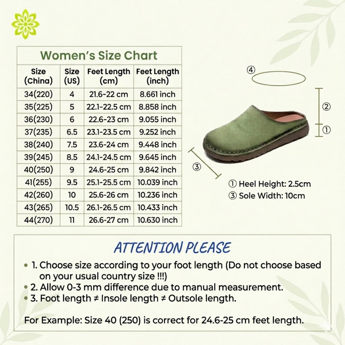The image is a women's size chart that provides measurements and shoe size recommendations for different foot lengths. It includes a diagram of a green shoe and the corresponding foot measurements. The chart also includes an example of size 40 (250) for 24-25 cm feet length, and a note about choosing the correct size based on foot length and allowing a difference of 0.3 mm for the insoles and outsoles.