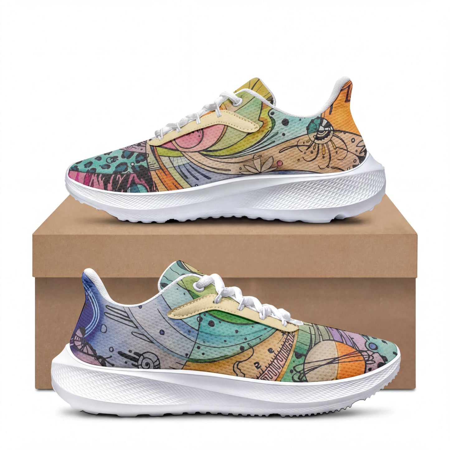 A pair of colorful, patterned sneakers with abstract designs on the soles and laces, displayed on top of a cardboard box.