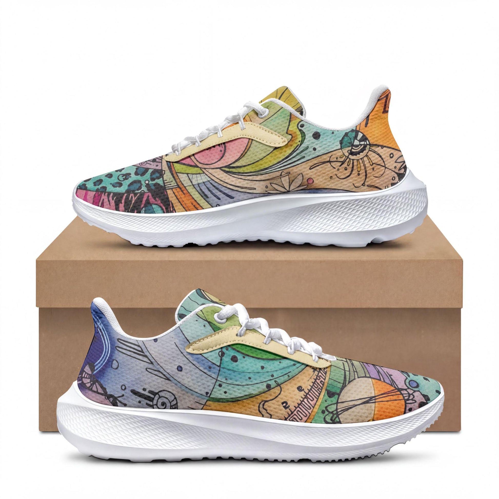 A pair of colorful, patterned sneakers with abstract designs on the soles and laces, displayed on top of a cardboard box.