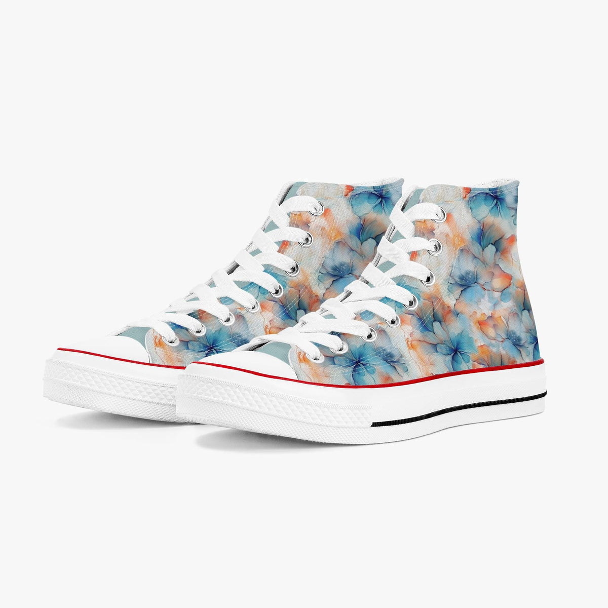 Bloemen canvas high-top sneakers met aquarel print en veterstijl, unisex