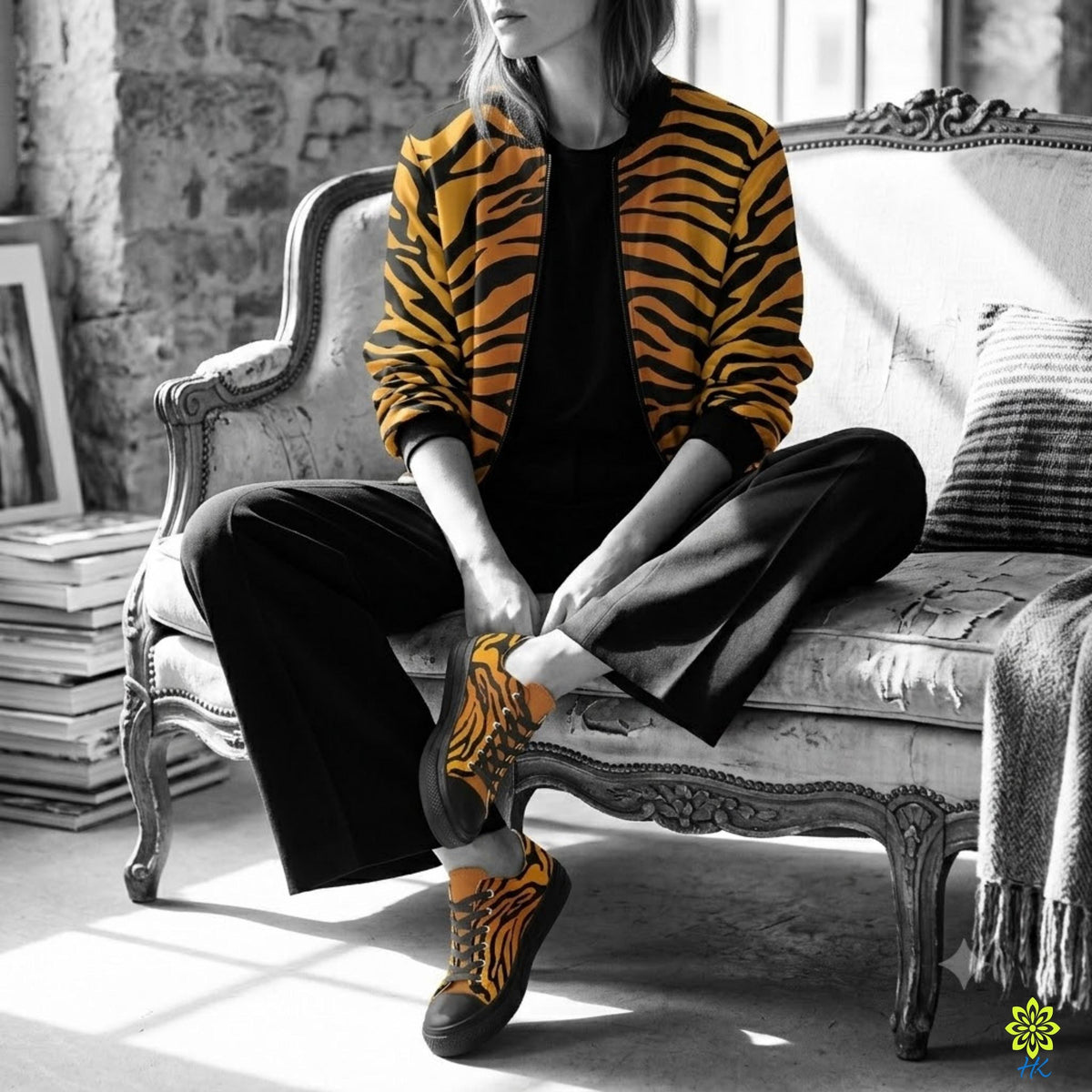 A woman wearing a tiger-striped jacket and black pants sits on a white couch, with her feet resting on the armrest.