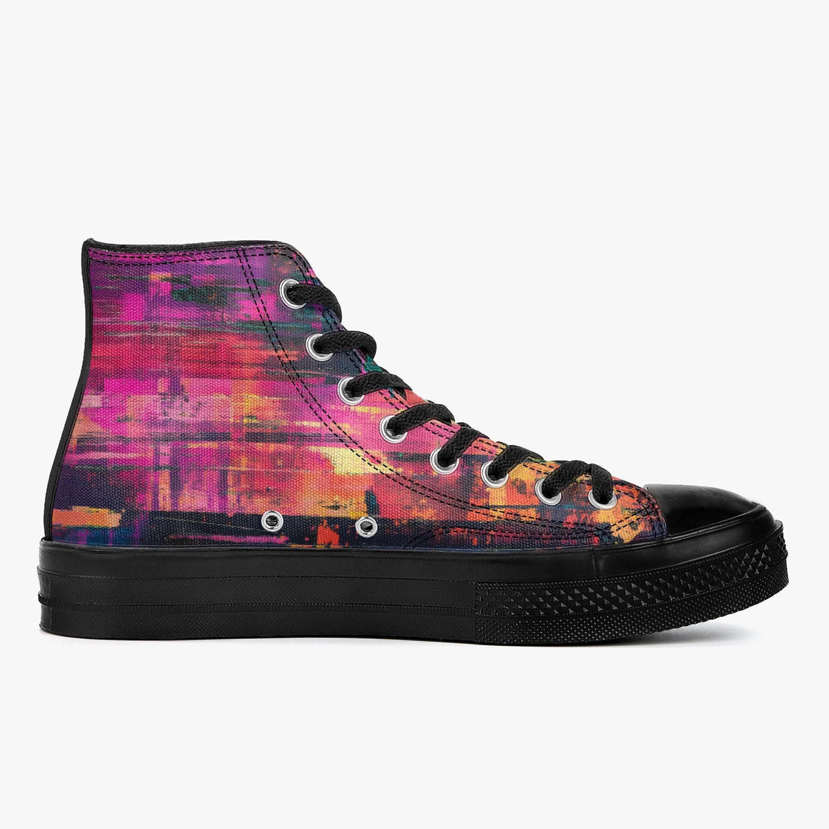 A colorful, patterned high-top sneaker with a black sole and laces.