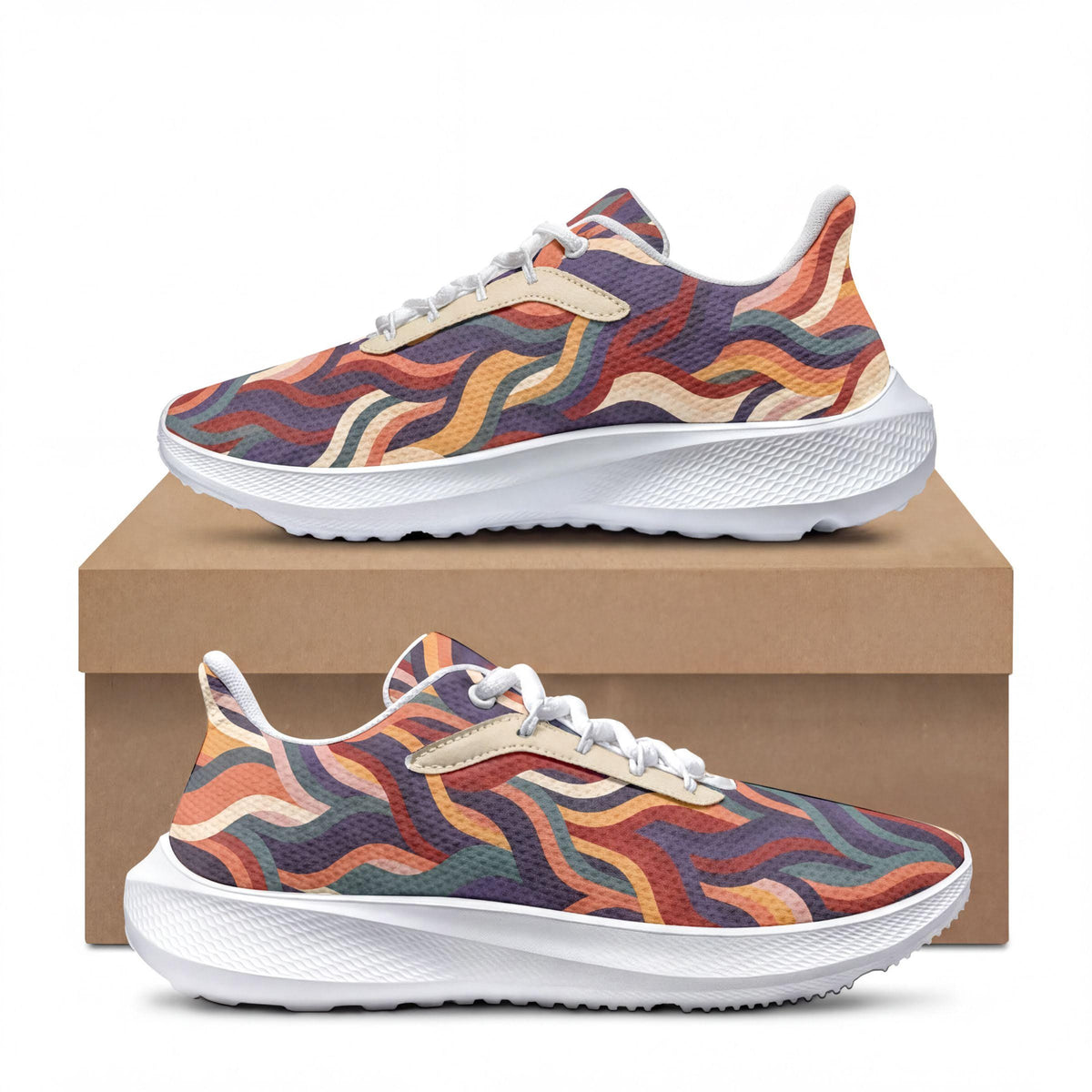 A pair of colorful, patterned sneakers with a vibrant design on the side, placed on top of a cardboard box.