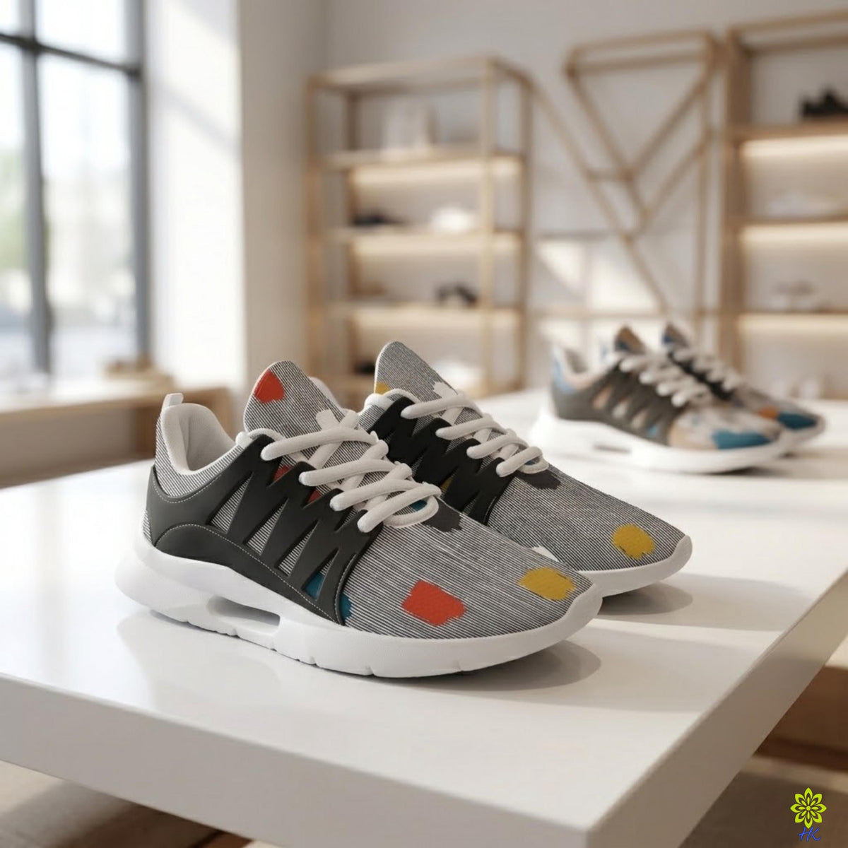 Sneakers unisex grigie a righe gessate con inserti neri e suola bianca, vista frontale a tre quarti su un tavolo bianco