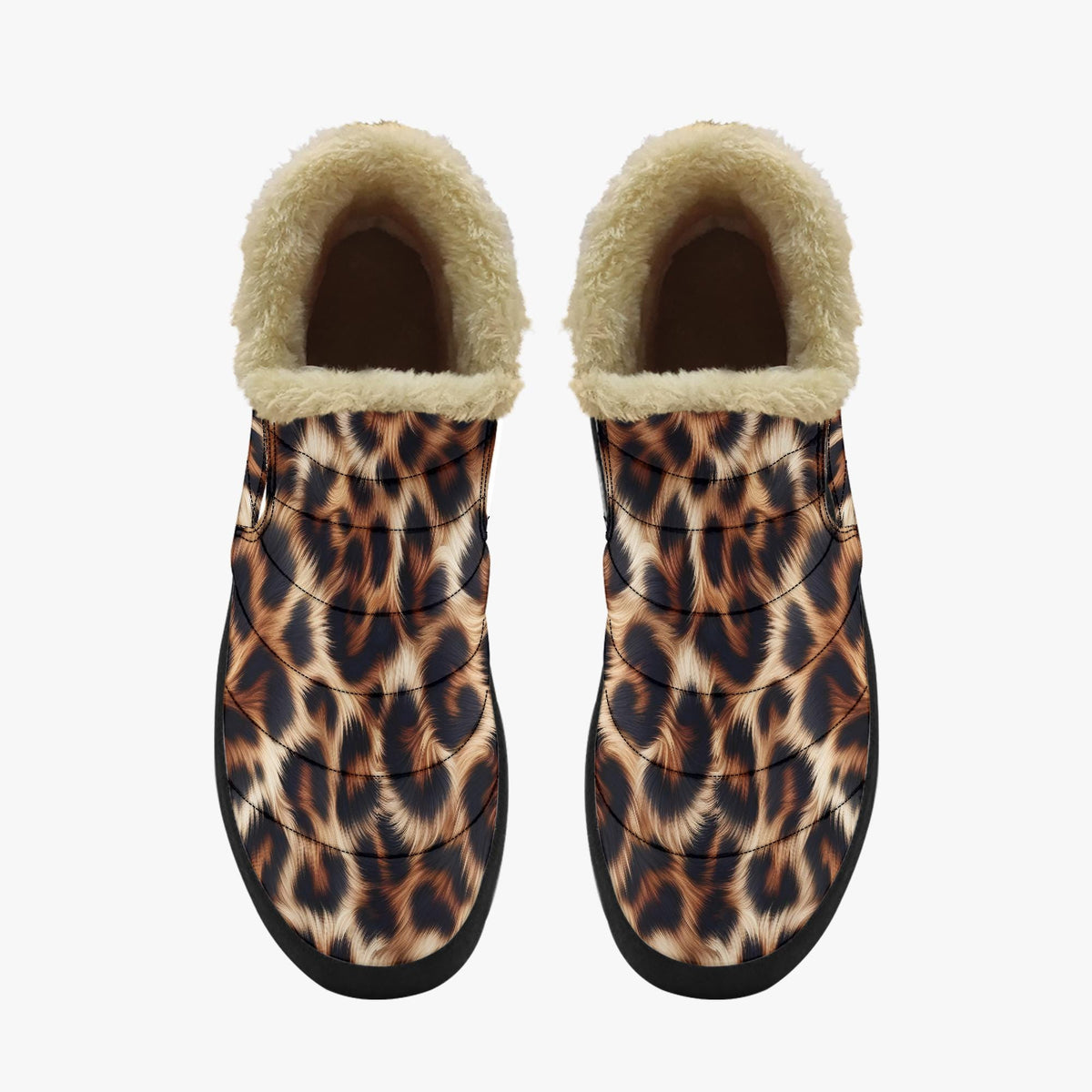 A pair of leopard print boots with fur lining.