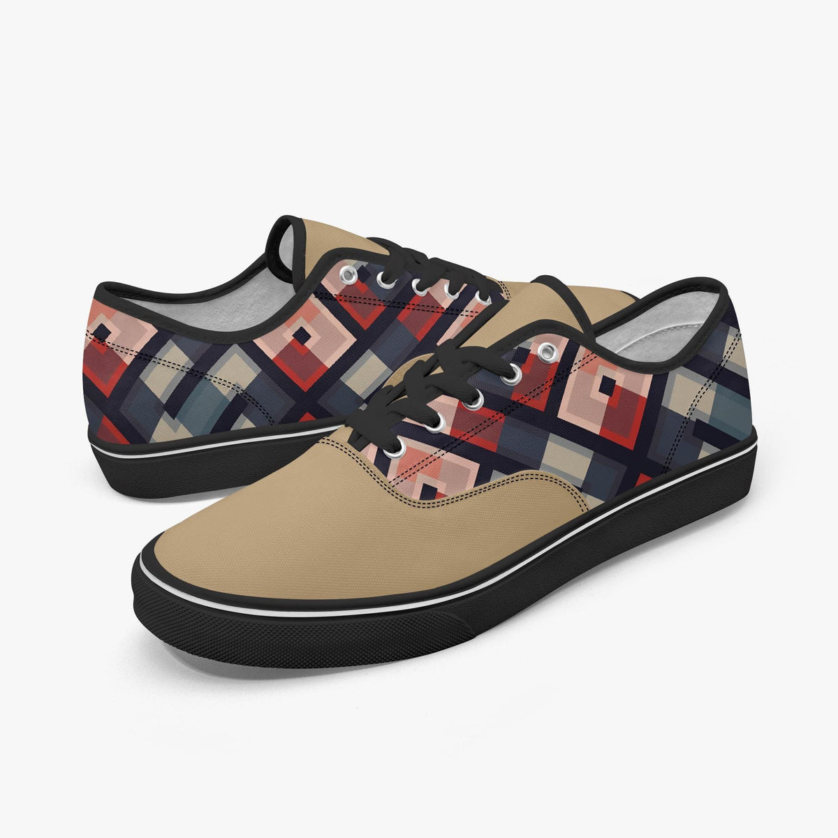 A pair of colorful patterned sneakers with a geometric design.