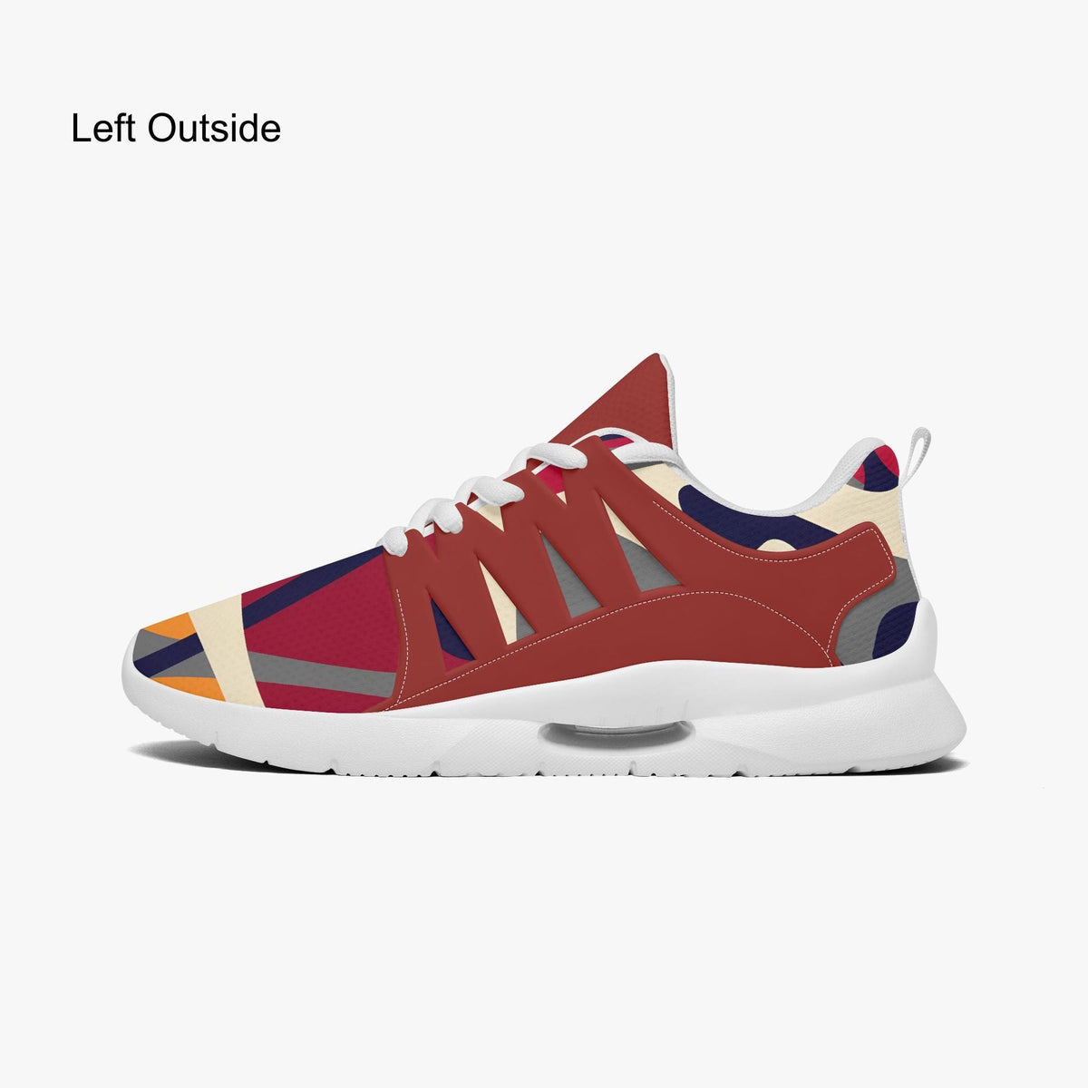 A colorful and abstract sneaker design with a mix of red, blue, and orange colors.