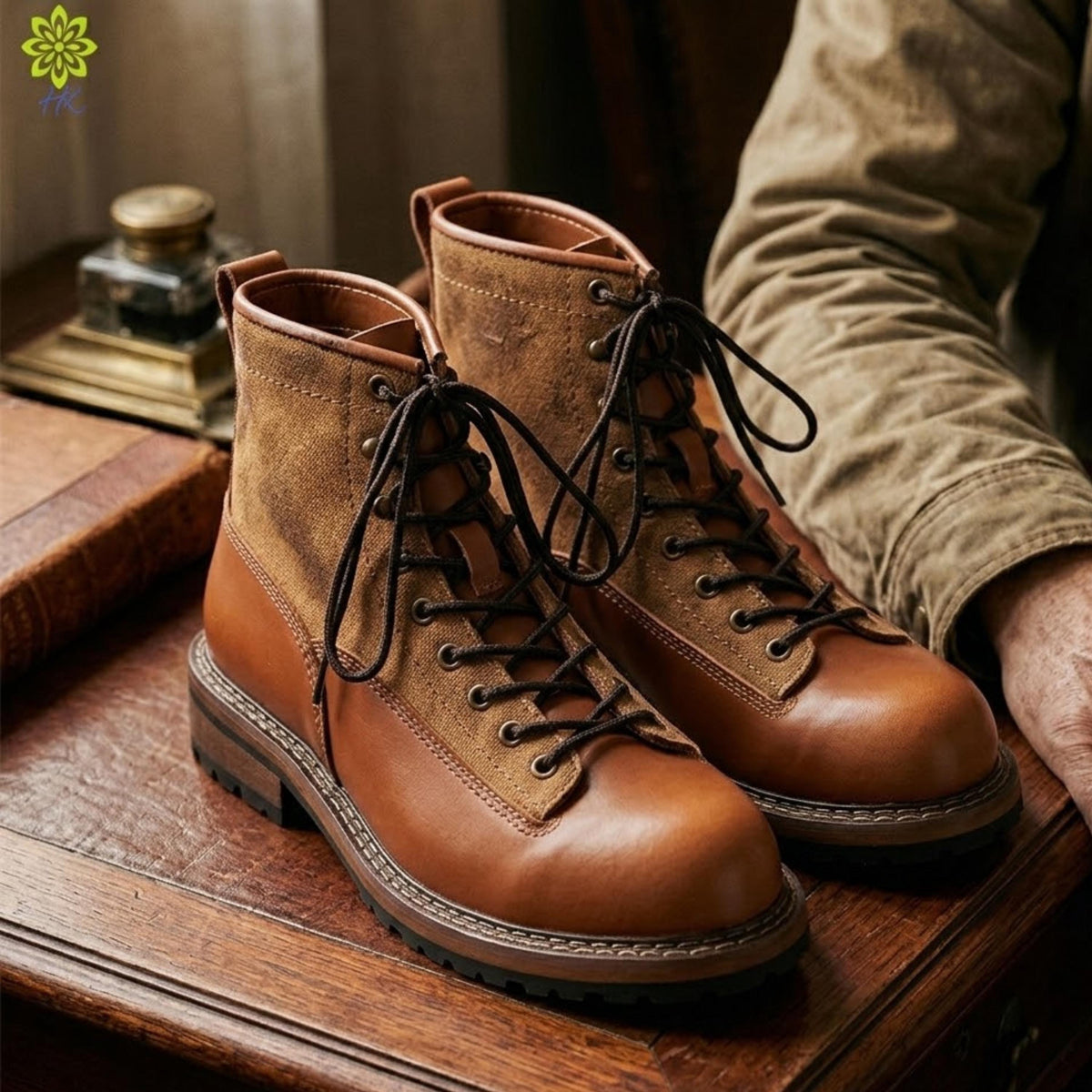 A pair of brown leather boots with black laces, placed on a wooden surface.