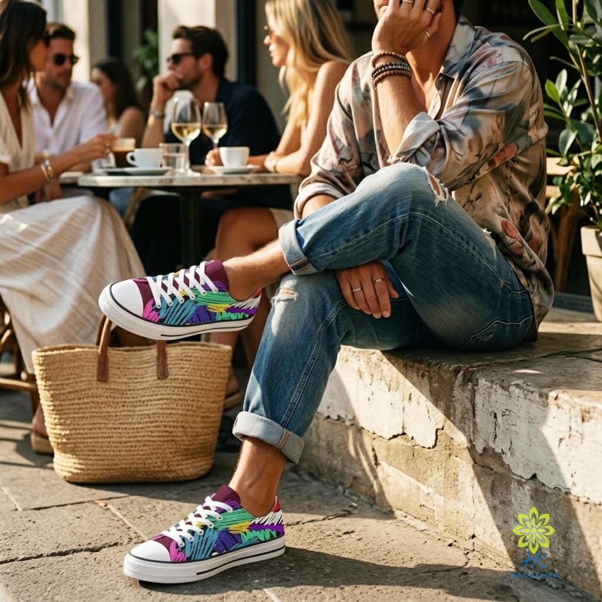 A man in a floral shirt and jeans sits on a ledge, wearing colorful sneakers, with a woven basket and a glass of wine nearby.