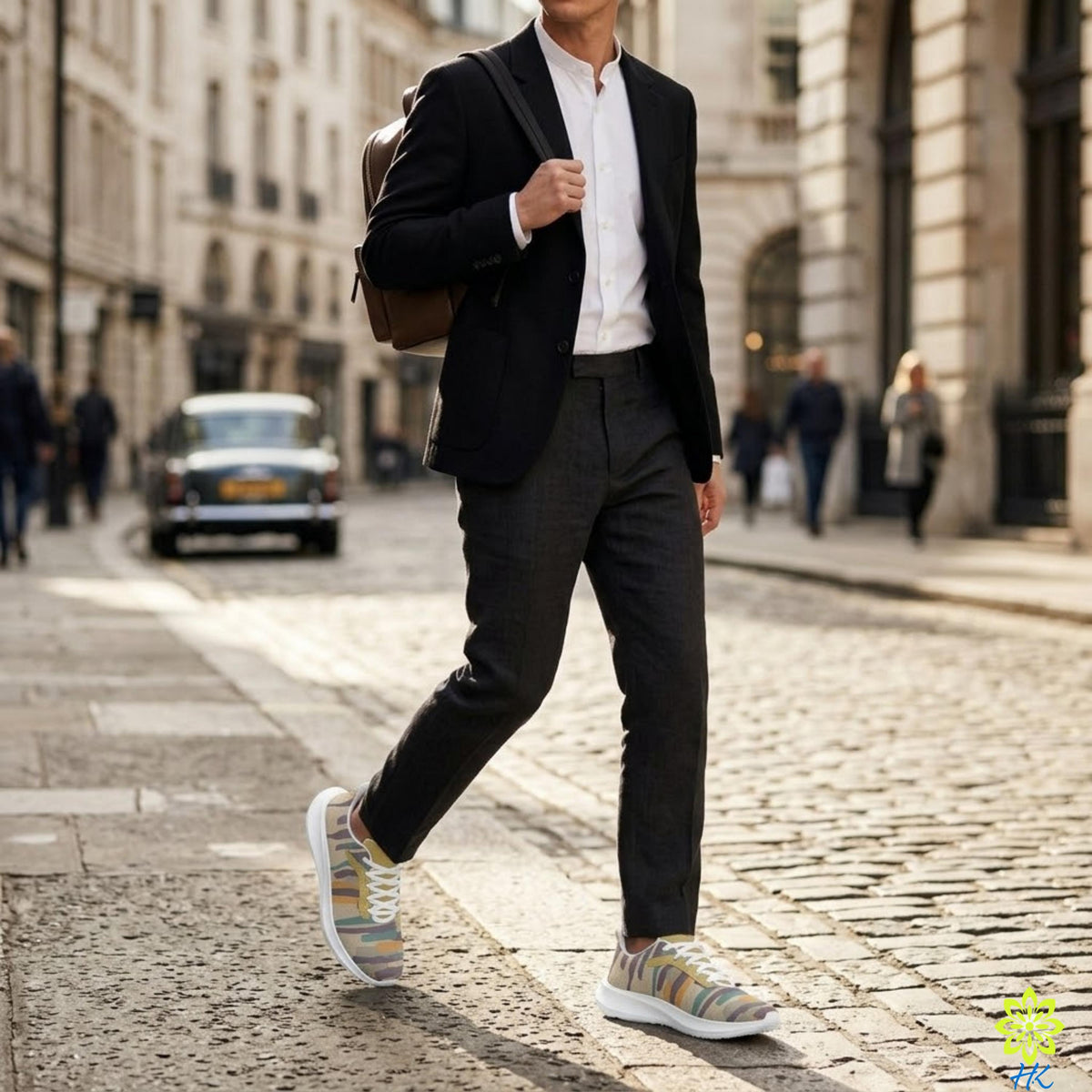 A man in a suit and tie walks down a city street, carrying a backpack and wearing colorful sneakers.