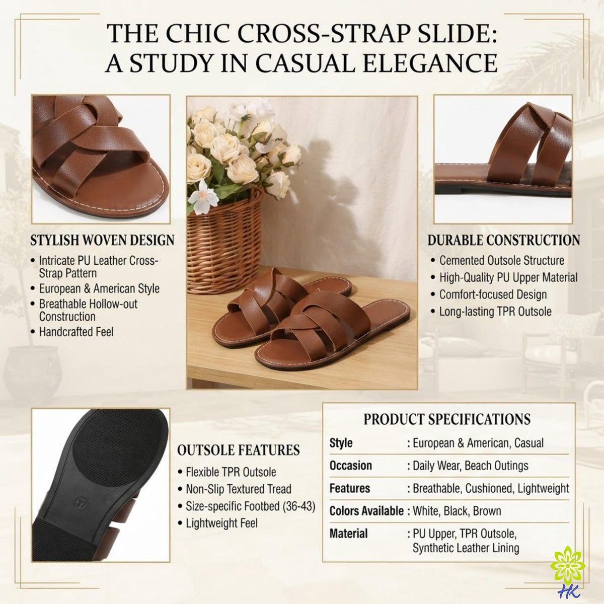 Geflochtene Slide-Sandalen für Damen, Kreuzriemen aus PU-Leder, offene Zehenpartie