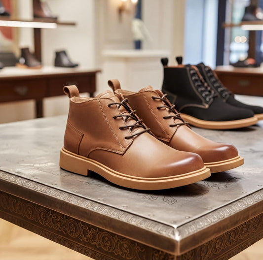 A pair of brown leather boots is displayed on a table in a store, with other shoes visible in the background.