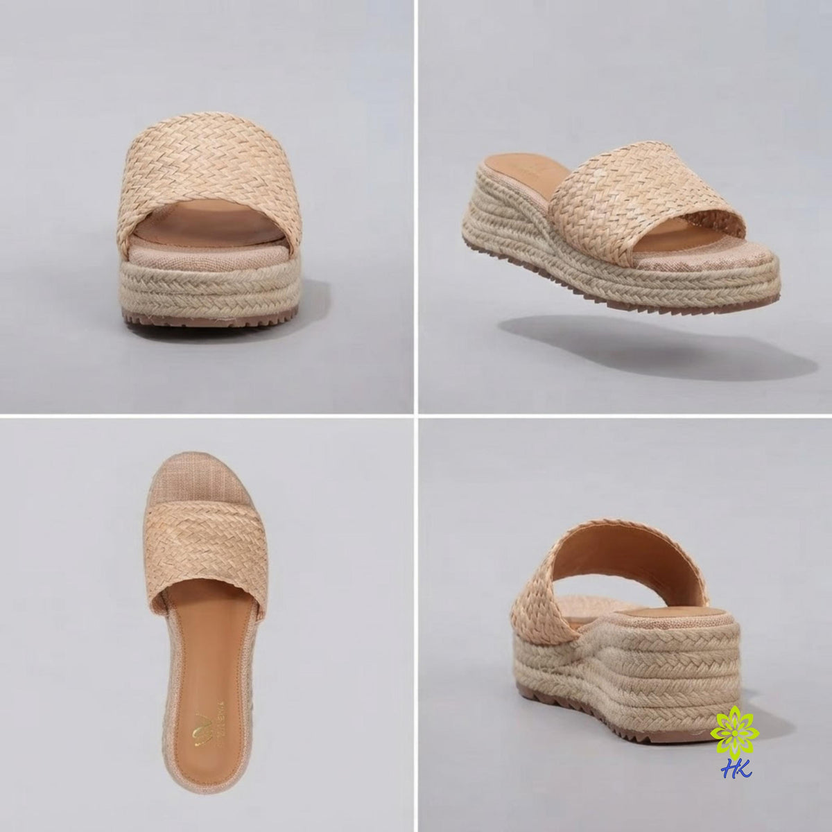 A four-panel product collage showing a woven espadrille-style slide sandal from multiple angles on a light gray studio background. The sandal has a natural straw-colored woven upper and platform, with a tan footbed.