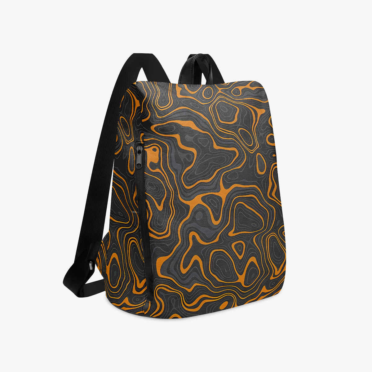 A backpack with a black and orange topographic contour pattern, featuring black shoulder straps and a black zipper pocket on the side, shown against a plain light gray background.