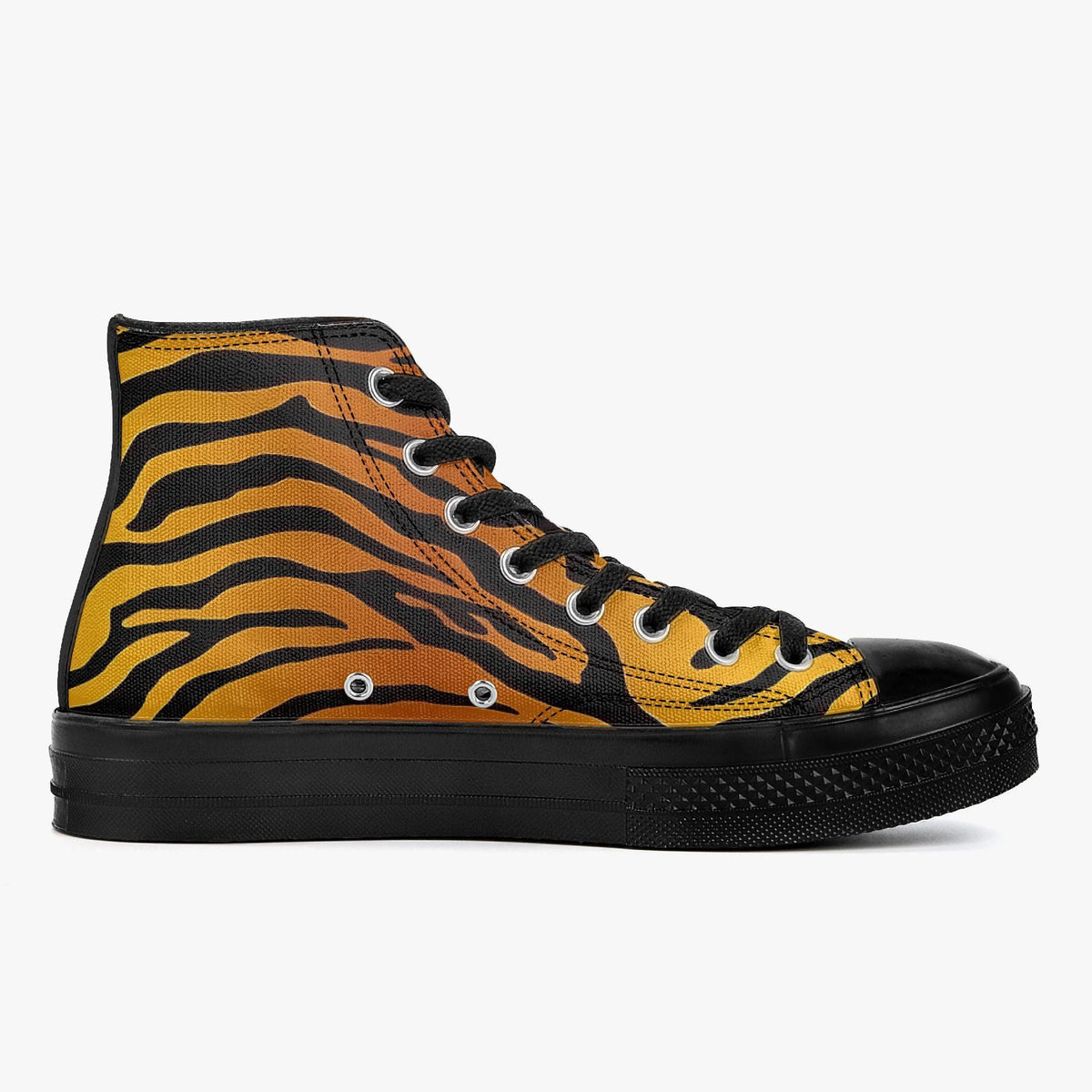 A pair of high-top sneakers with a bold tiger print pattern in orange and black.