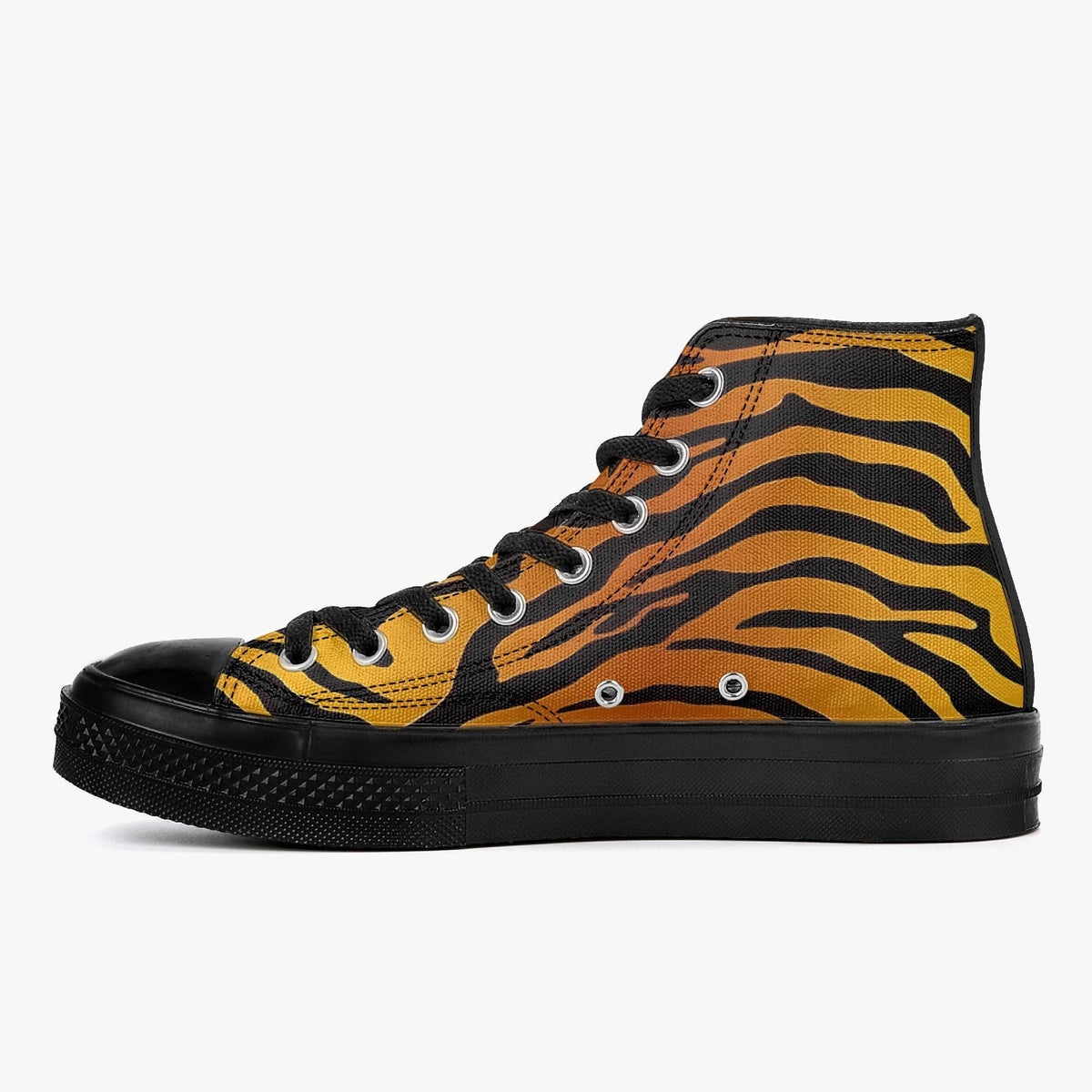 A pair of high-top sneakers with a bold tiger print pattern in black and orange colors.