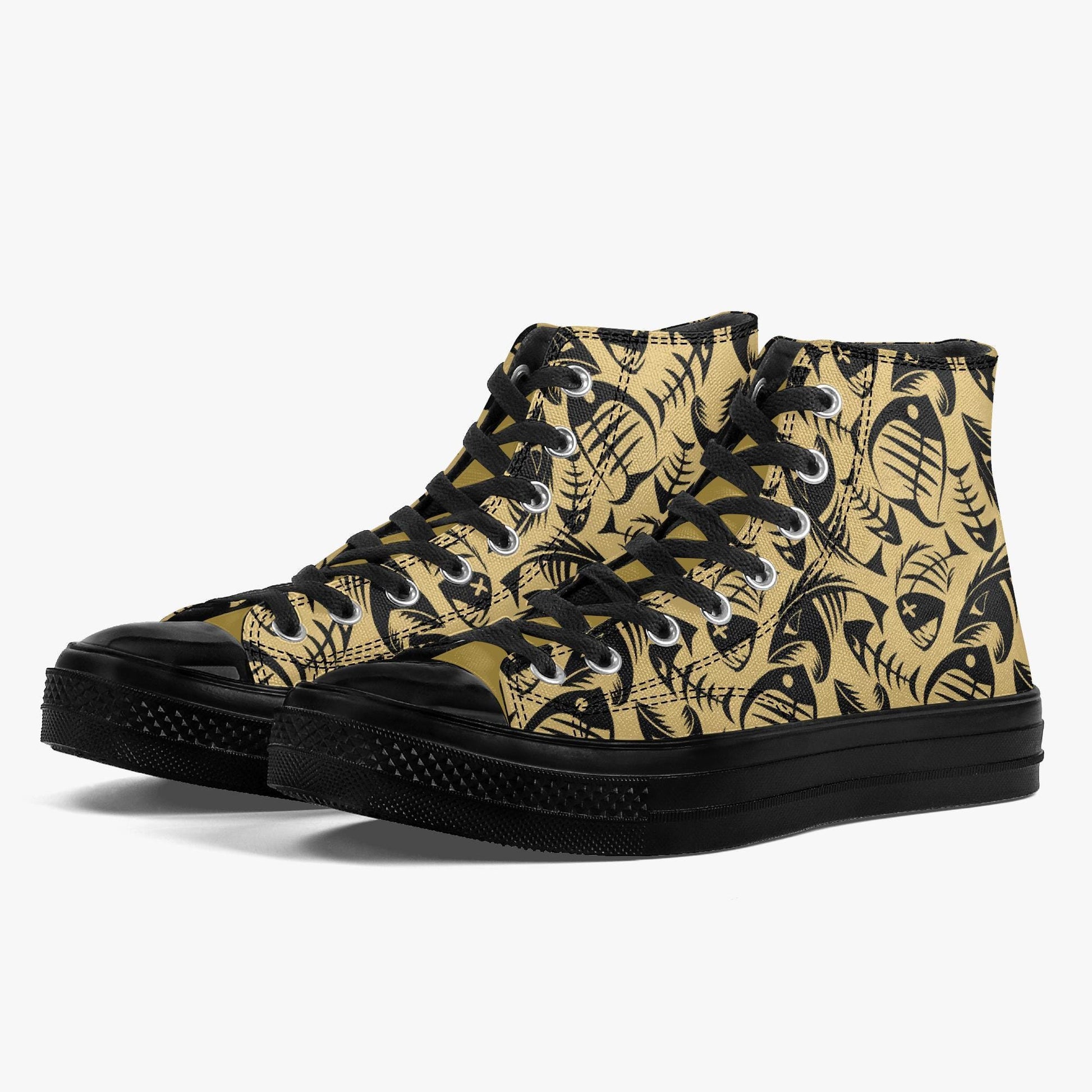 A pair of high-top sneakers with a black and gold fish print pattern.