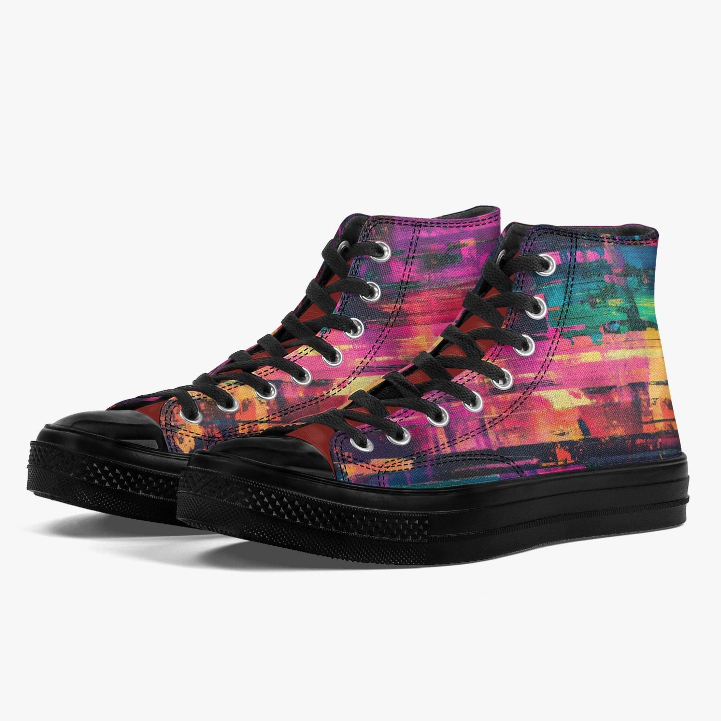 A pair of colorful, patterned high-top sneakers with black laces and soles.