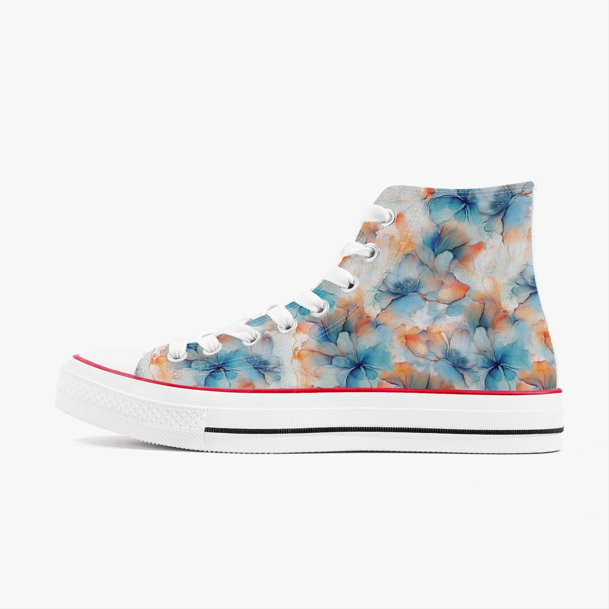 Vooraanzicht van een paar high-top sneakers met witte veters en smalle rode rand