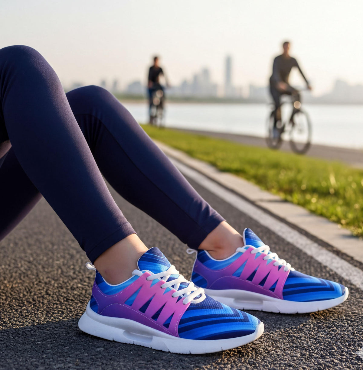 A person wearing blue and pink sneakers is sitting on the ground near a body of water, with two other people riding bicycles in the background.