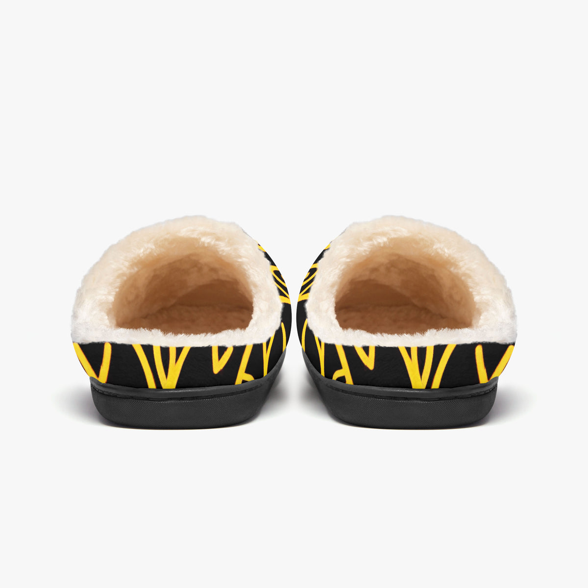Back view of smiley face slippers showing the cream lining opening on white background
