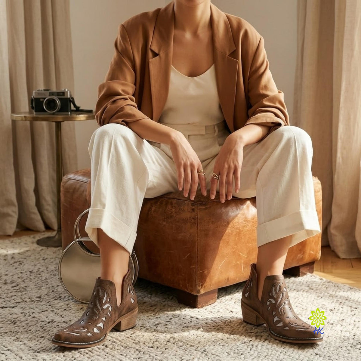 Brown PU Western Ankle Boot with Cutout Detail and Chunky Heel