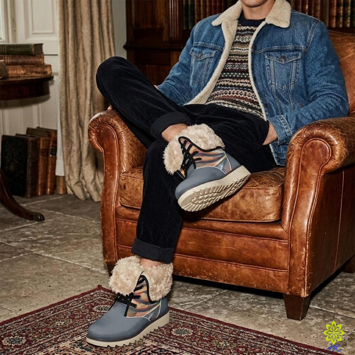 Man zittend in een fauteuil met veterlaarzen en corduroy broek