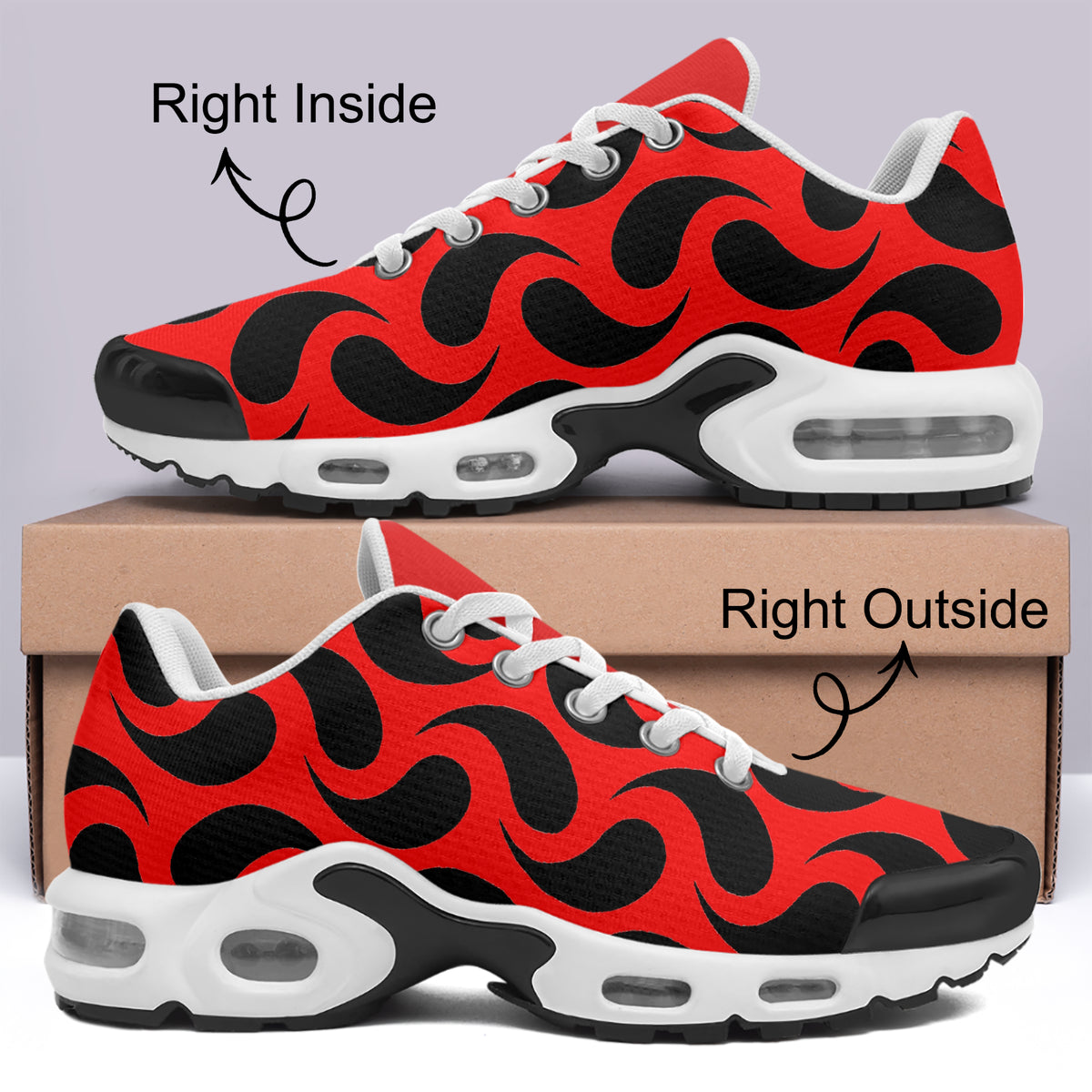 Rote Flammen-Print Sneaker in einem Schuhkarton präsentiert, mit Etiketten innen und außen