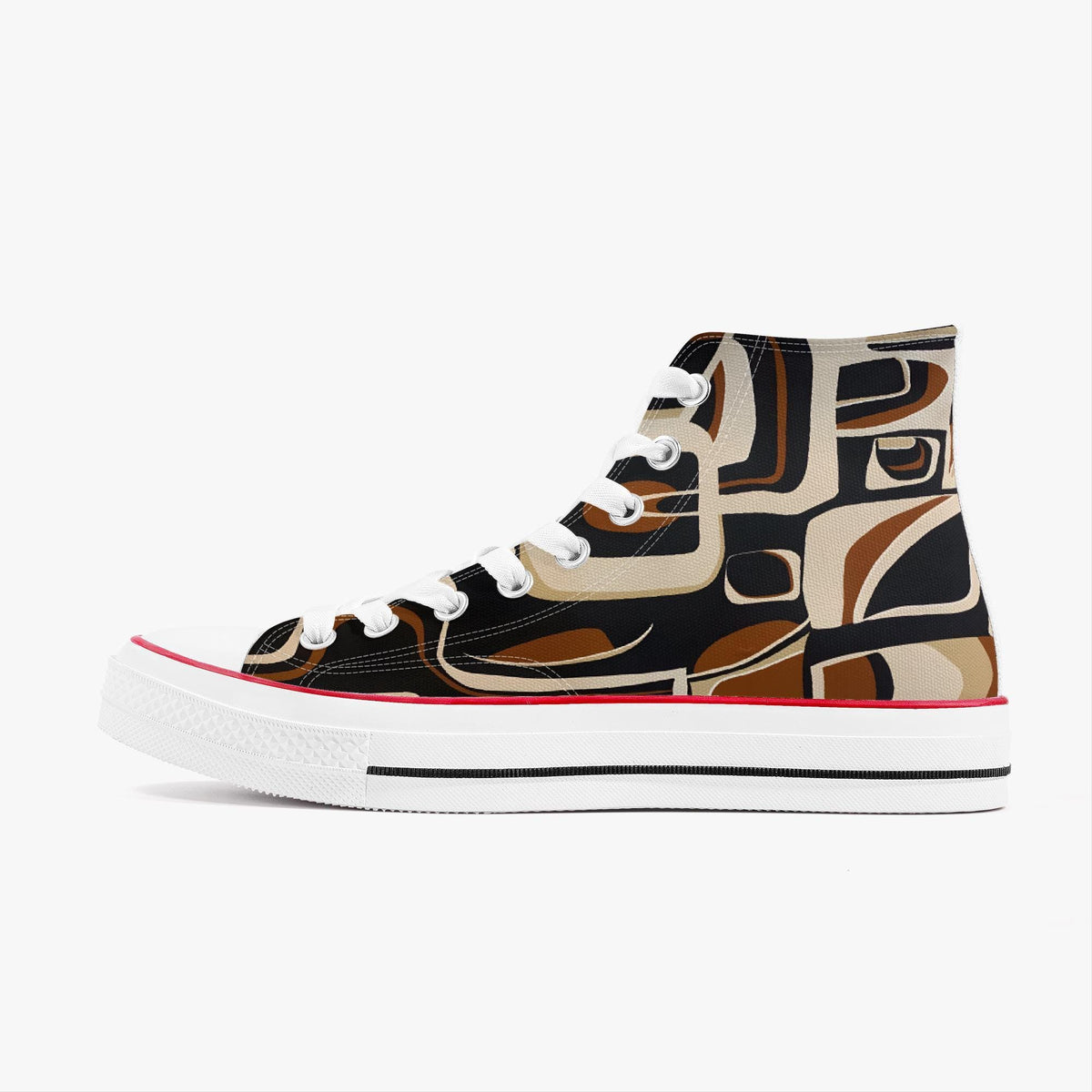 A pair of high-top sneakers with a bold, abstract pattern in shades of brown, black, and white.