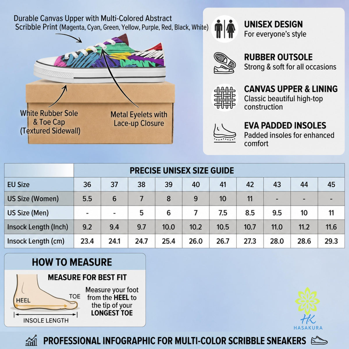 The image is a professional infographic for multi-color scribble sneakers, providing information on the durability, canvas upper, and various features of the sneakers.